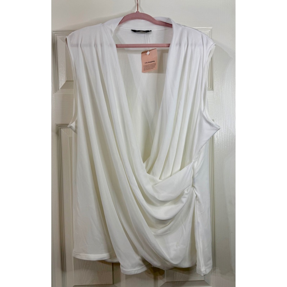 Bloomchic White Draped Surplice Sleeveless Blouse Plus Size 28 V-Neck Top NWT